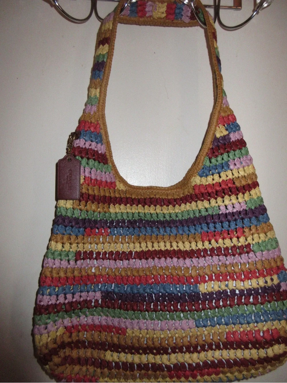 COACH Multicolor Crochet Stripe Hobo Bag with Brown Trim